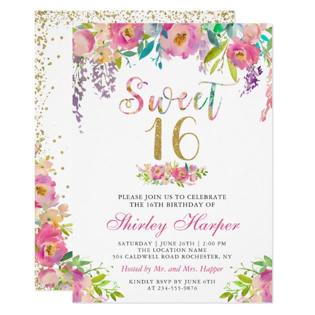 Chic Pink Gold Floral Sweet Sixteen 16 Birthday Invitation