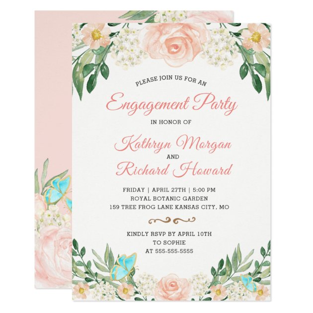 Elegant Blush Peach Floral Spring Engagement Party Card