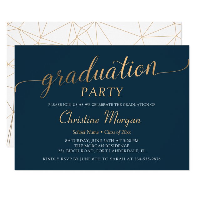 Trendy Gold Script Navy Blue Graduation Party Invitation