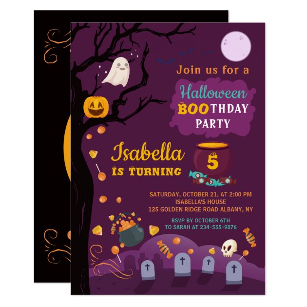 Kids Halloween Birthday Party Purple Black Invitation