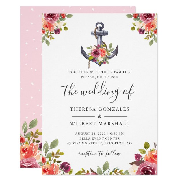 Nautical Anchor Chic Watercolor Floral Wedding Card