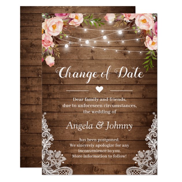 Change of Date Rustic Floral Lace String Lights Invitation