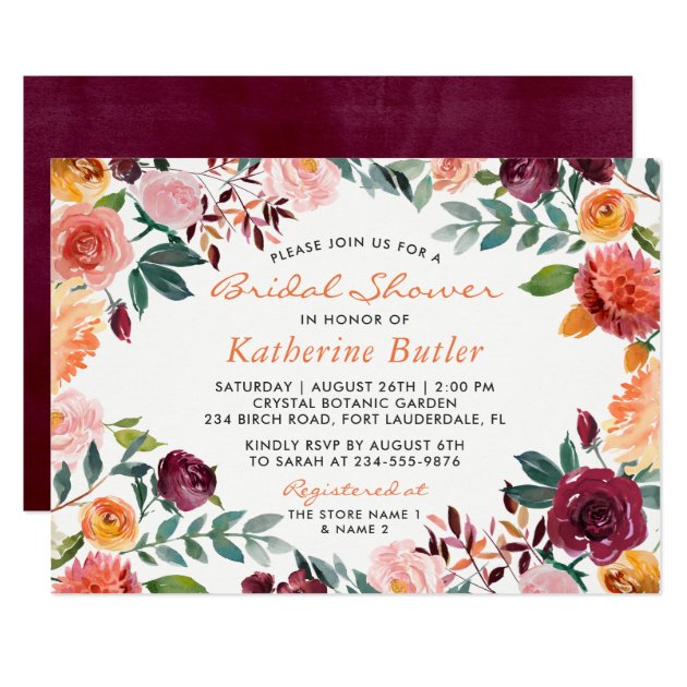 Burgundy Orange Pink Flowers Fall Bridal Shower Card (front side)
