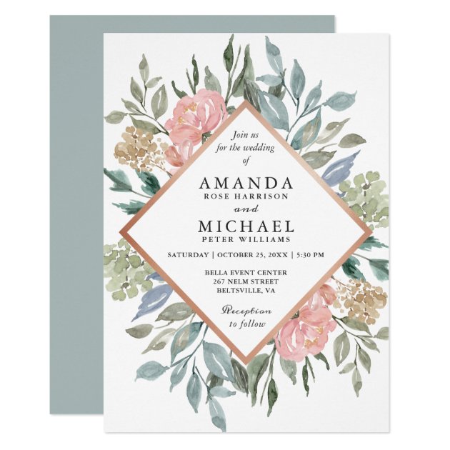 Dusty Pink Blue Green Rustic Wild Floral Wedding Invitation