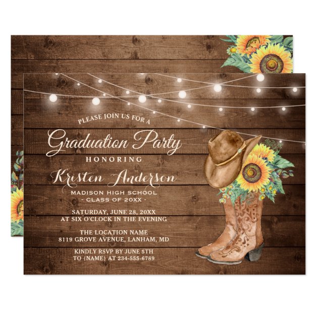 Sunflowers Cowgirl Boots Graduation Party Invitation