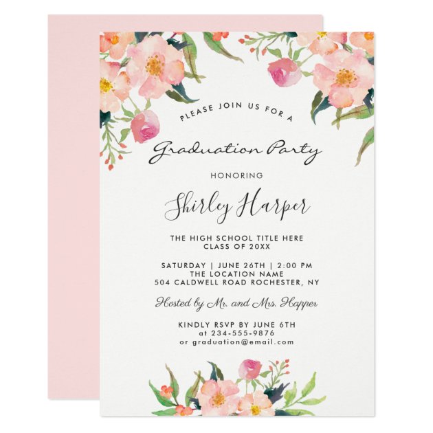 Elegant Watercolor Pink Floral Graduation Party Card
