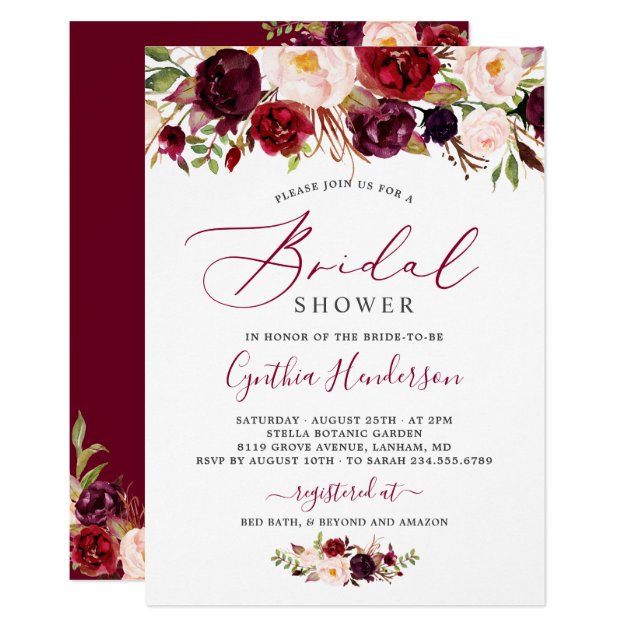 Burgundy Boho Floral Calligraphy Bridal Shower Invitation