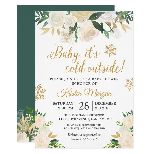 Baby Its Cold Outside Gold Floral Baby Shower Invitation