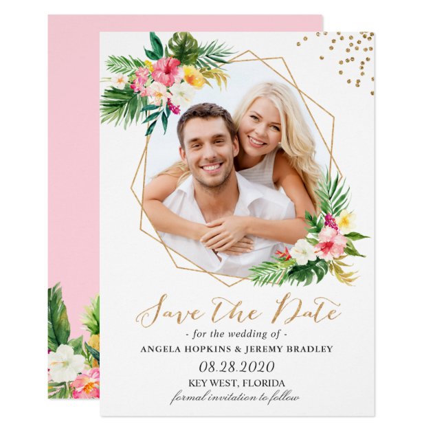 Tropical Flowers Gold Glitters Photo Save The Date Card