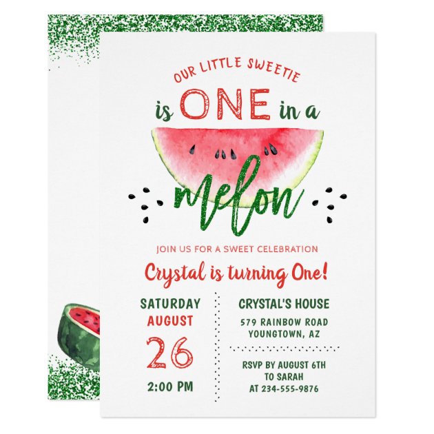 One in a Melon Glitter Watermelon First Birthday Invitation