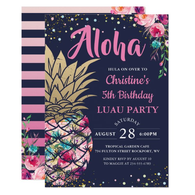 Tropical Pink Gold Pineapple Navy Blue Birthday Invitation