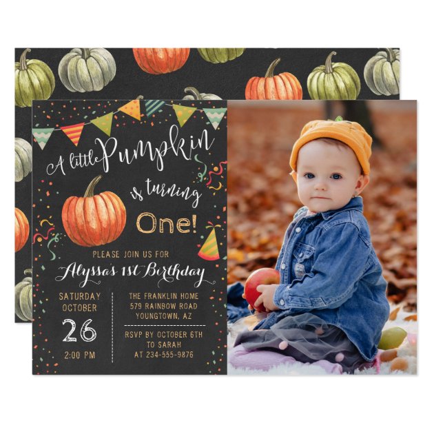 Autumn A Little Pumpkin Chalkboard Birthday Photo Invitation