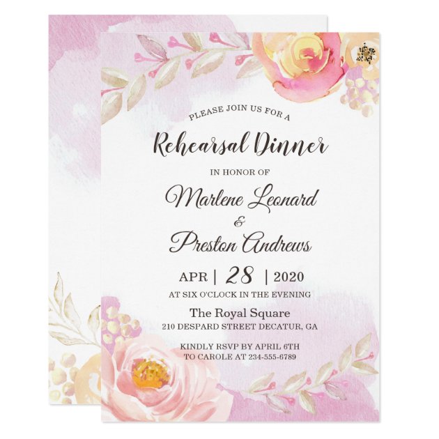 Trendy Pink & Gold Floral Garden Rehearsal Dinner Card