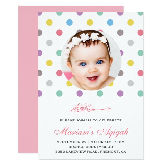 Colorful Polka Dots Baby Girl Photo Aqiqah Invitation