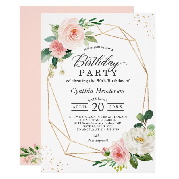Elegant Geometric Blush Pink Floral Birthday Party Invitation (front side)