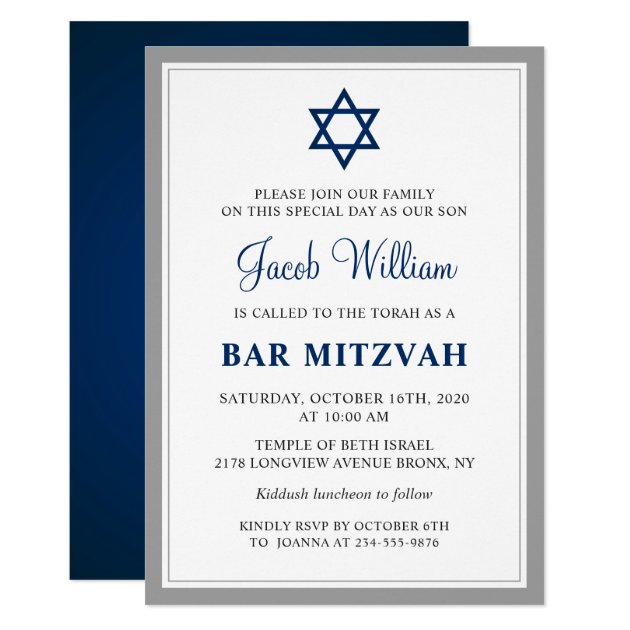 Elegant Gray And Navy Blue Bar Mitzvah Invitation