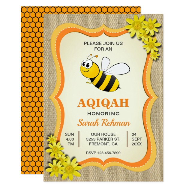 Cute Honey Bee Baby Girl Aqiqah Invitation