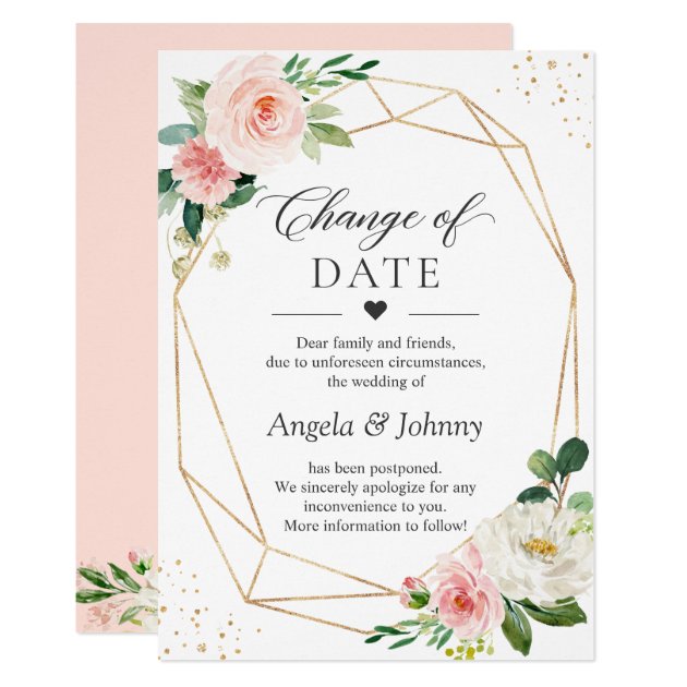 Change of Date Blush Pink Floral Gold Geometric Invitation