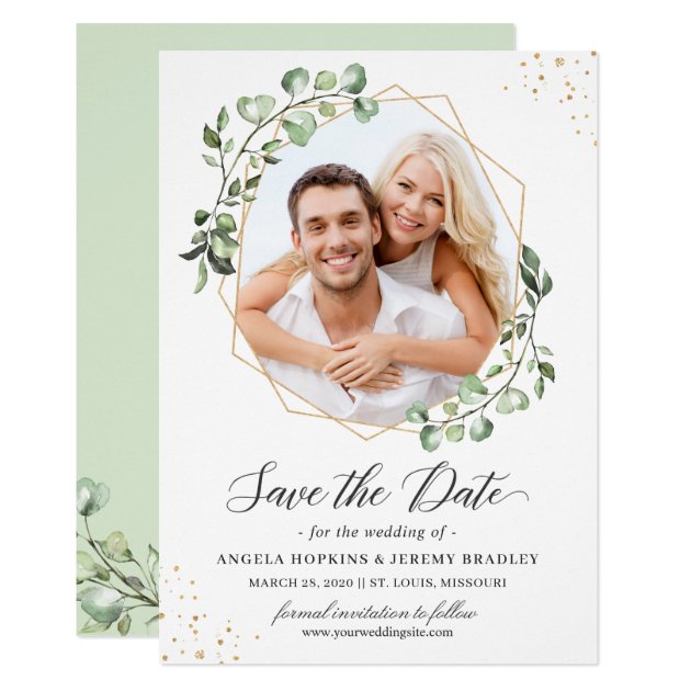 Eucalyptus Leaves Geometric Photo Save the Date Invitation