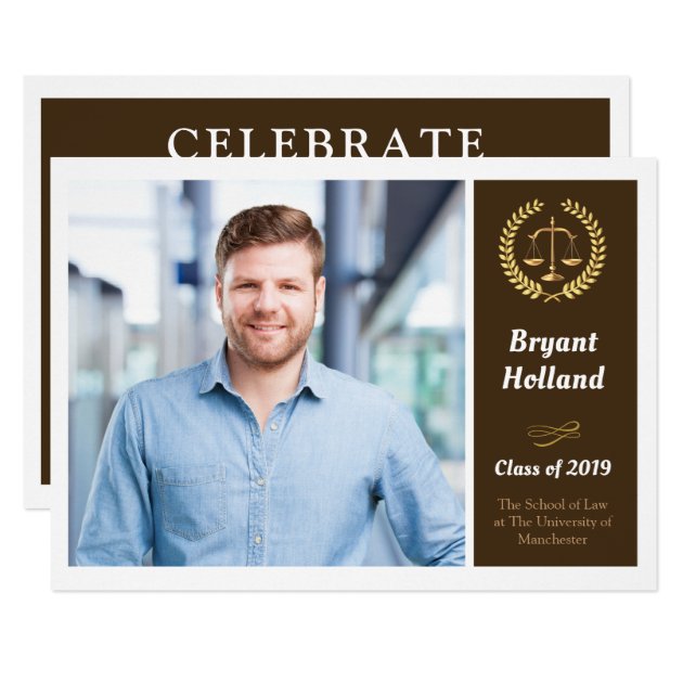 Brown & Gold Law School Photo Graduation Party Card