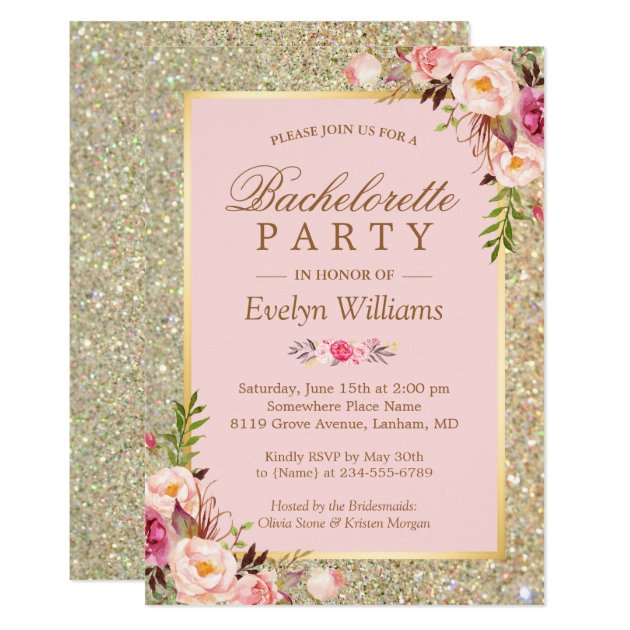 Blush Pink Gold Glitter Floral Bachelorette Party Invitation
