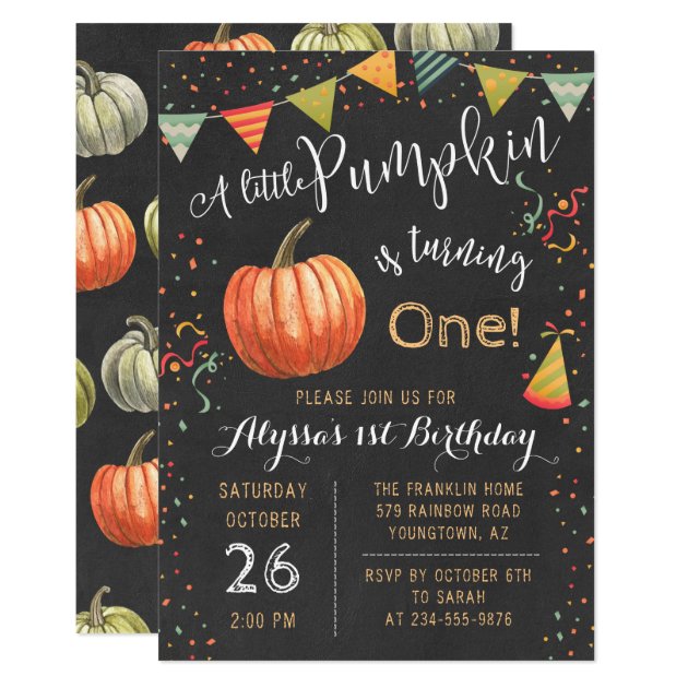 Autumn A Little Pumpkin Chalkboard Fall Birthday Invitation