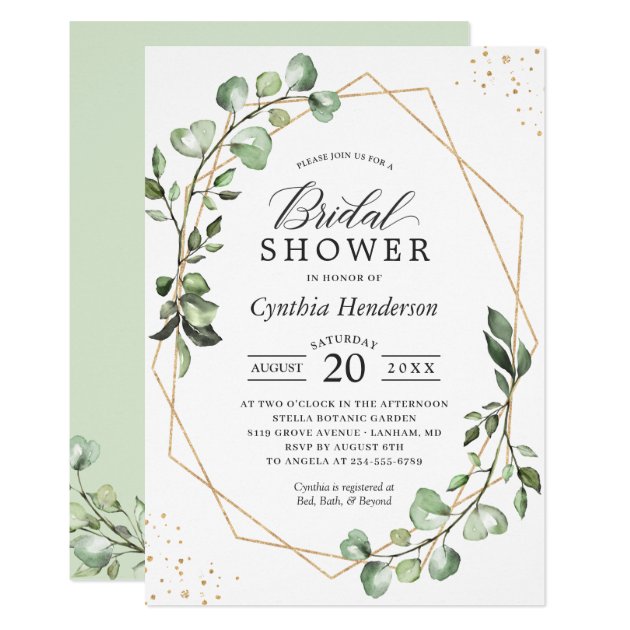 Greenery Eucalyptus Gold Geometric Bridal Shower Invitation