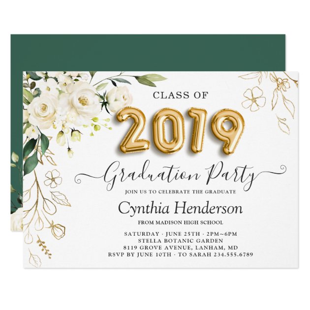 Green White Roses Floral Class of 2019 Graduation Invitation