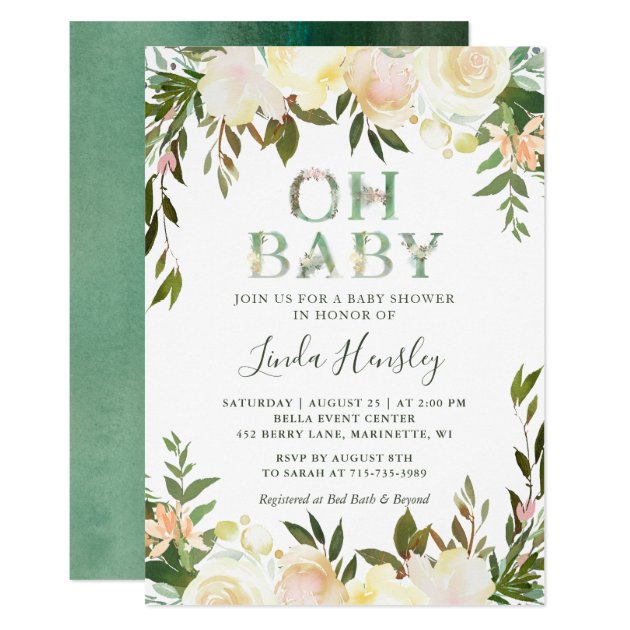 Oh Baby Shower Typography Floral Greenery White Card