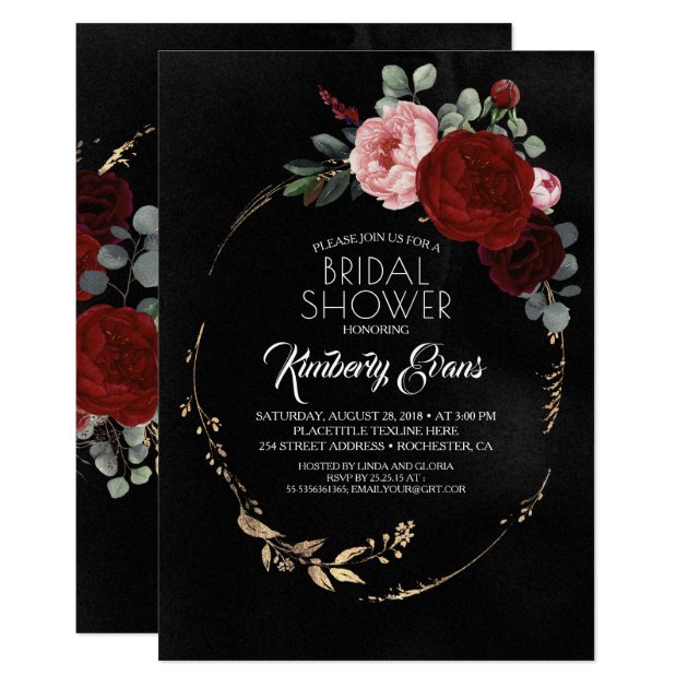 Black Burgundy Red and Gold Floral Bridal Shower Invitation