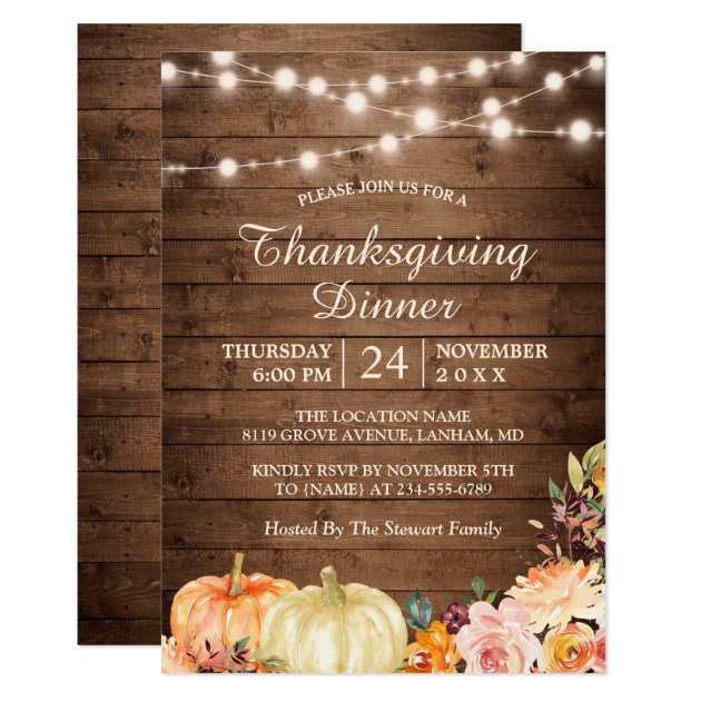 Rustic Pumpkin String Lights Thanksgiving Dinner Invitation