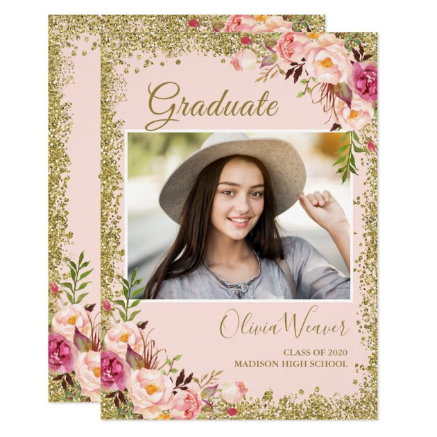Blush Pink Gold Glitters Floral Photo Graduation Card
