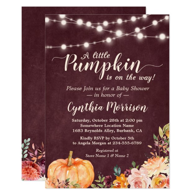 String Lights Pumpkin Baby Shower Burgundy Floral Invitation