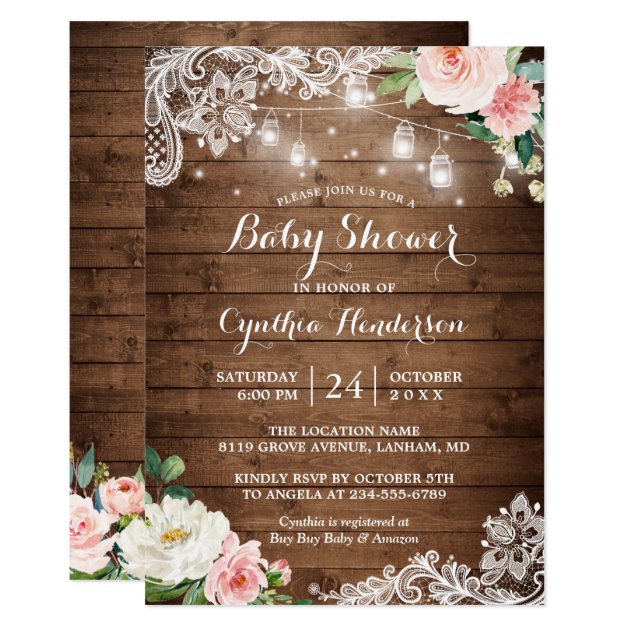 Rustic Mason Jar Lights Lace Floral Baby Shower Invitation