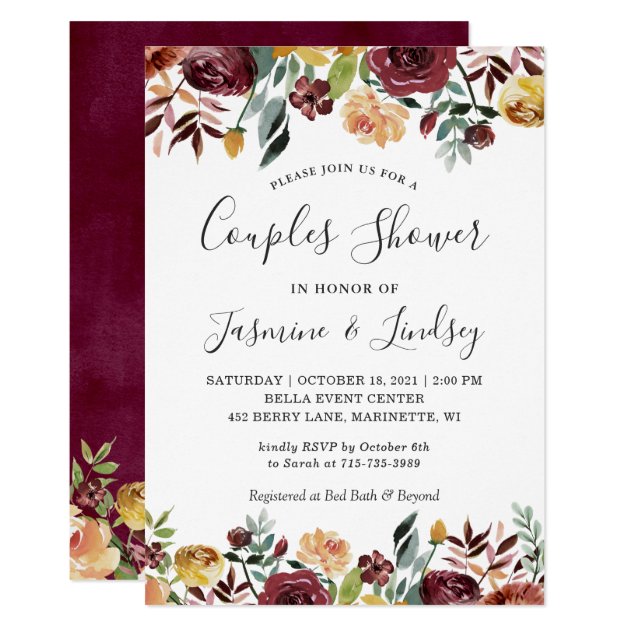 Autumn Red Orange Floral Wedding Couples Shower Invitation