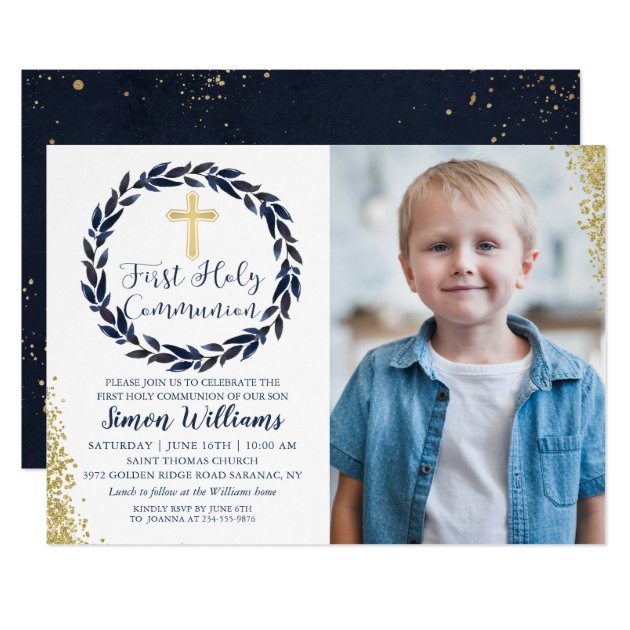 Navy Blue Wreath Gold First Holy Communion Photo Invitation