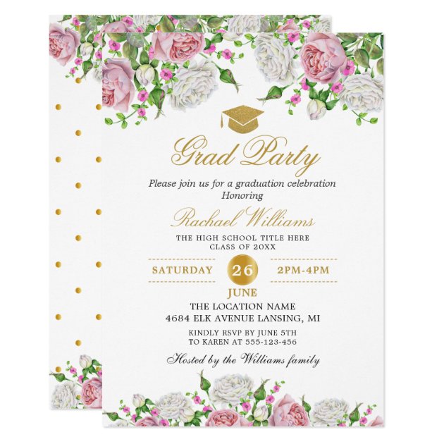 Watercolor Floral Gold Polka Dots Graduation Party Card