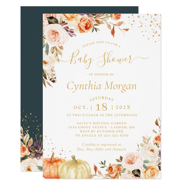 Gold Autumn Floral Boho Chic Fall Baby Shower Invitation