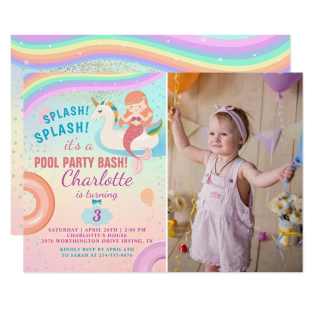Rainbow Pool Party Unicorn Mermaid Birthday Photo Invitation