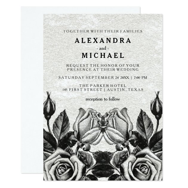Edgy Victorian Roses Black and White Wedding Invitation