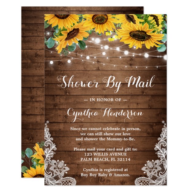 Shower By Mail Rustic Lights Sunflower Eucalyptus Invitation