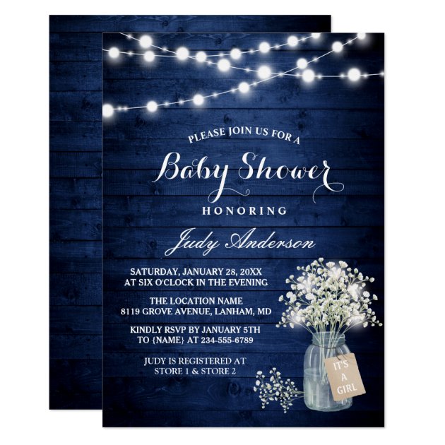 Baby's Breath Lights Rustic Navy Blue Baby Shower Invitation