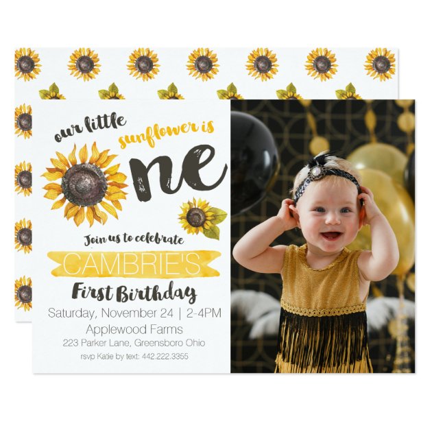 Sunflower First Birthday Photo Invitation