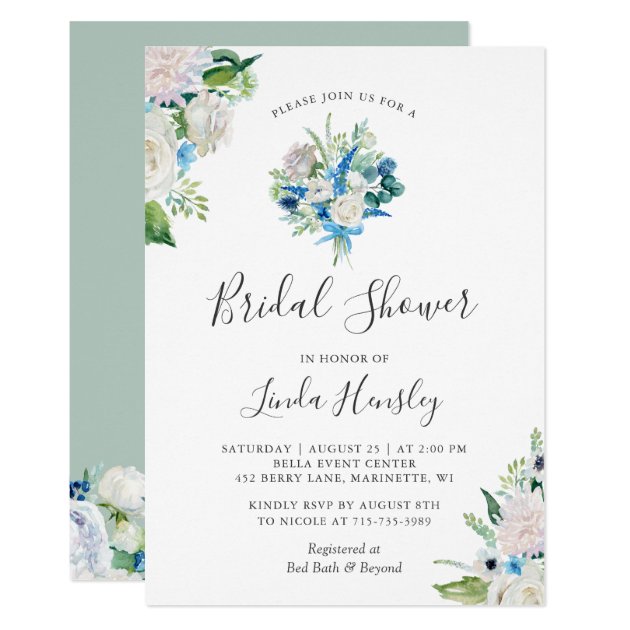 Sage Green Blue White Floral Bouquet Bridal Shower Invitation
