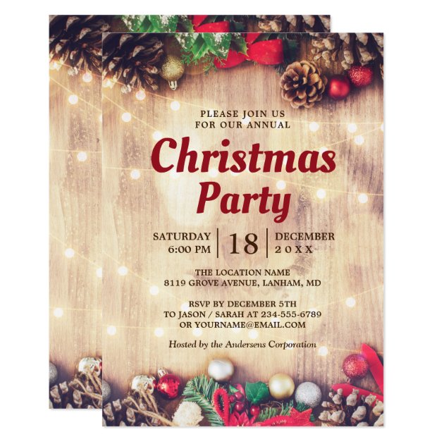Christmas Party Rustic String Lights Pine Cones Invitation