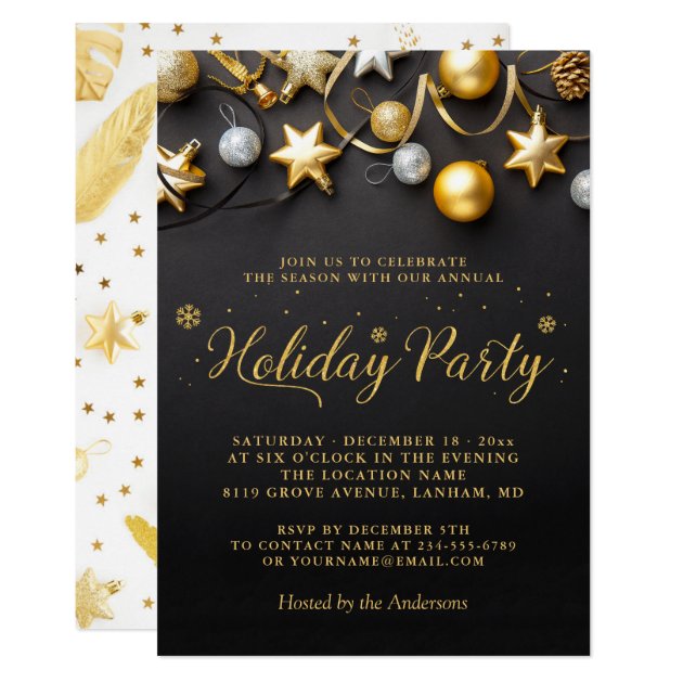 Black White Gold Baubles Annual Holiday Party Invitation