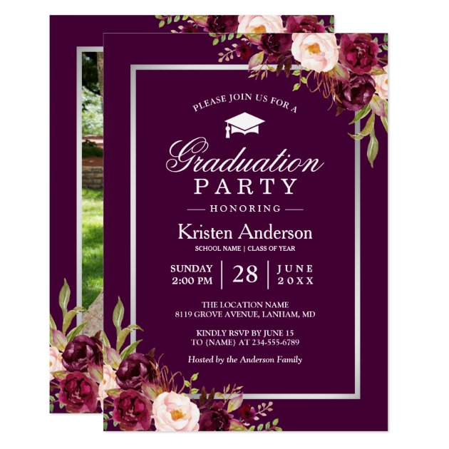 Plum Purple Red Floral Photo Graduation Party Card