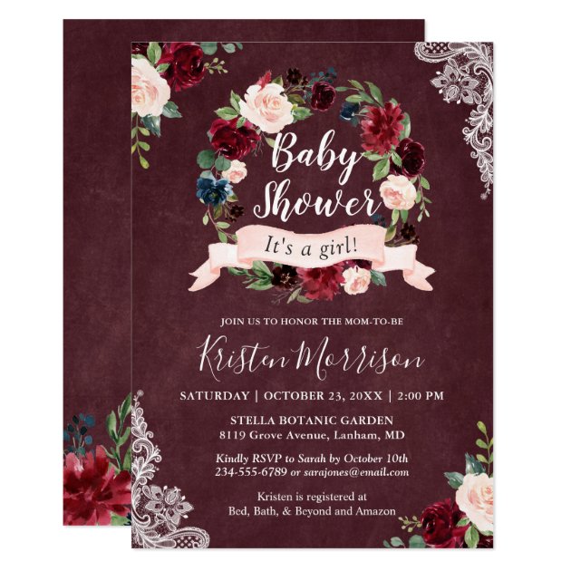 Burgundy Blush Floral Wreath Lace Baby Shower Invitation