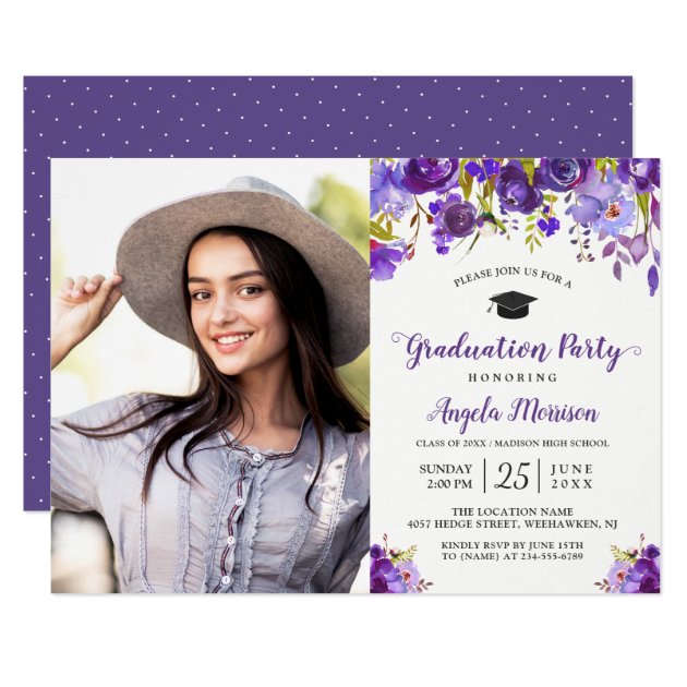 2018 Violet Purple Floral Photo Graduation Party Card