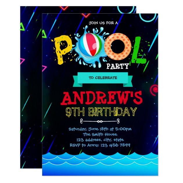 Neon glow pool party invitation
